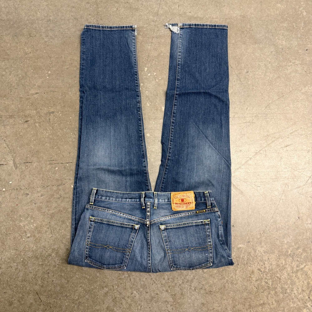 Lucky Brand Dungarees Mens 34 Blue Straight Leg Jeans Made in USA Distressed Hem